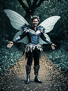 Man in Fantasy Fairy Costume with Wings in Forest