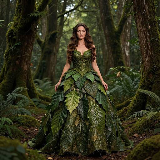 Woman in Leaf Dress Standing in Enchanted Forest