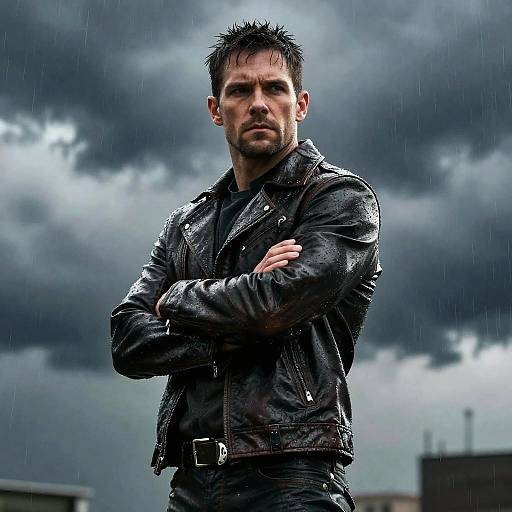 Man in Black Leather Jacket Standing in Rain Under Stormy Sky