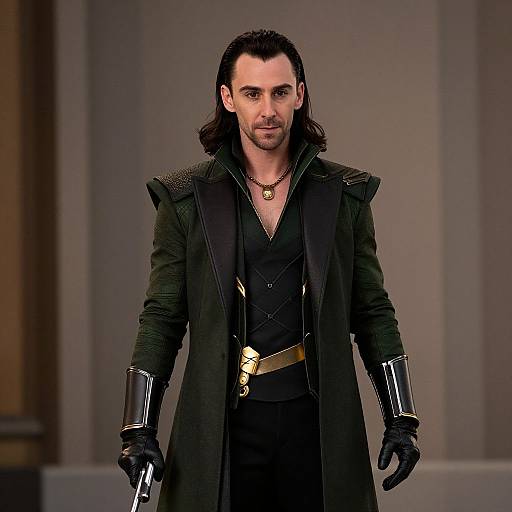 Loki Cosplay Man in Dark Green and Black Costume with Gold Accents