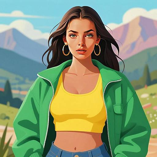 Gen Z Woman in Casual Green Jacket and Yellow Crop Top with Mountain Landscape