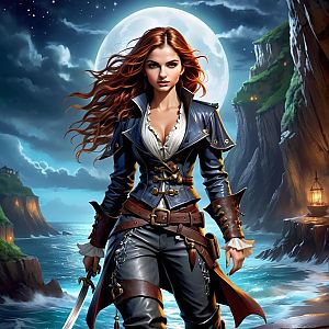 Fierce Woman Pirate by Moonlit Cliffside
