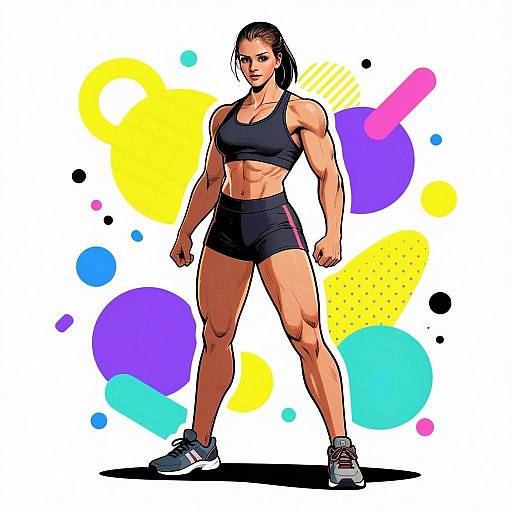 Strong Athletic Woman Comic Style Illustration With Colorful Geometric Background