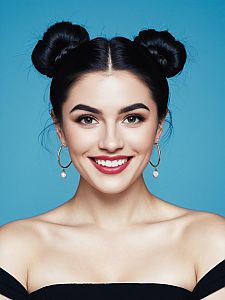 Portrait of Smiling Young Woman with Double Buns Hairstyle and Pearl Earrings