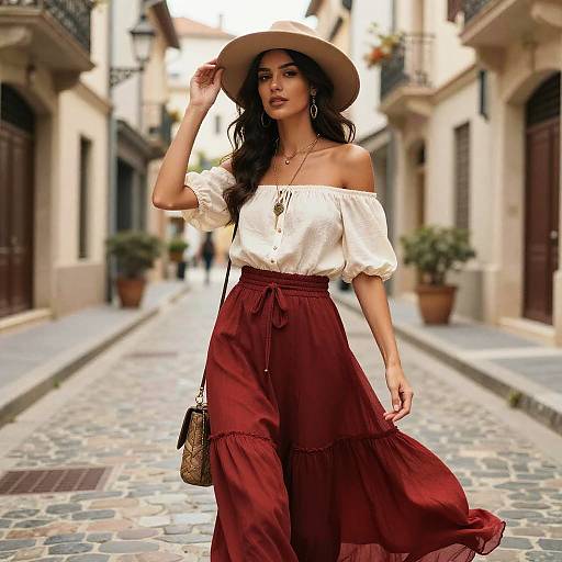 Trendy Bohemian Woman in Off-Shoulder Top and Flowing Skirt Walking on Cobblestone Street