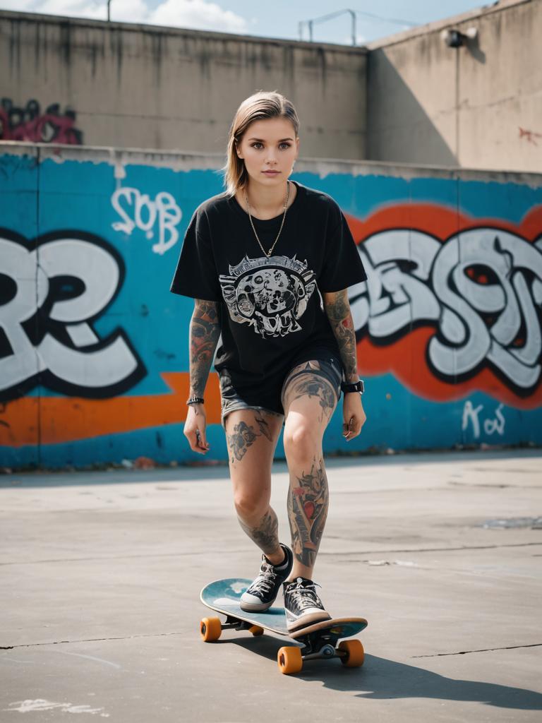 Woman in Streetwear on Skateboard