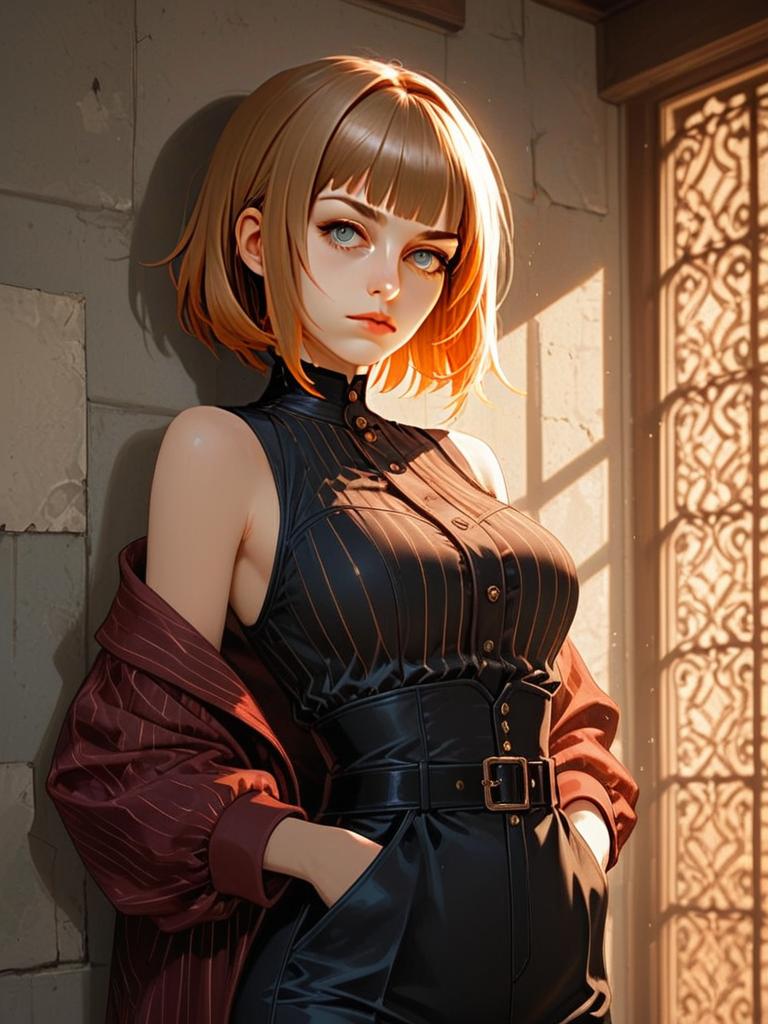 Stylish Woman in Black Leather Outfit with Warm Sunlight Illustration