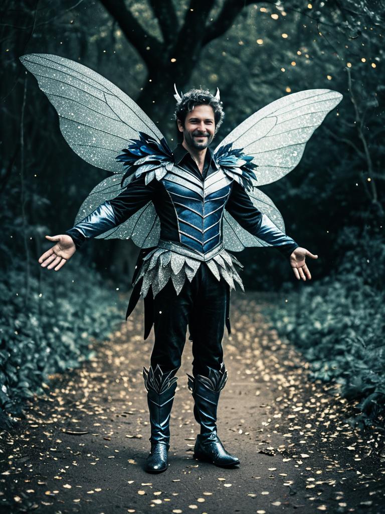 Man in Fantasy Fairy Costume with Wings in Forest Man in Fantasy Fairy Costume with Wings in Forest