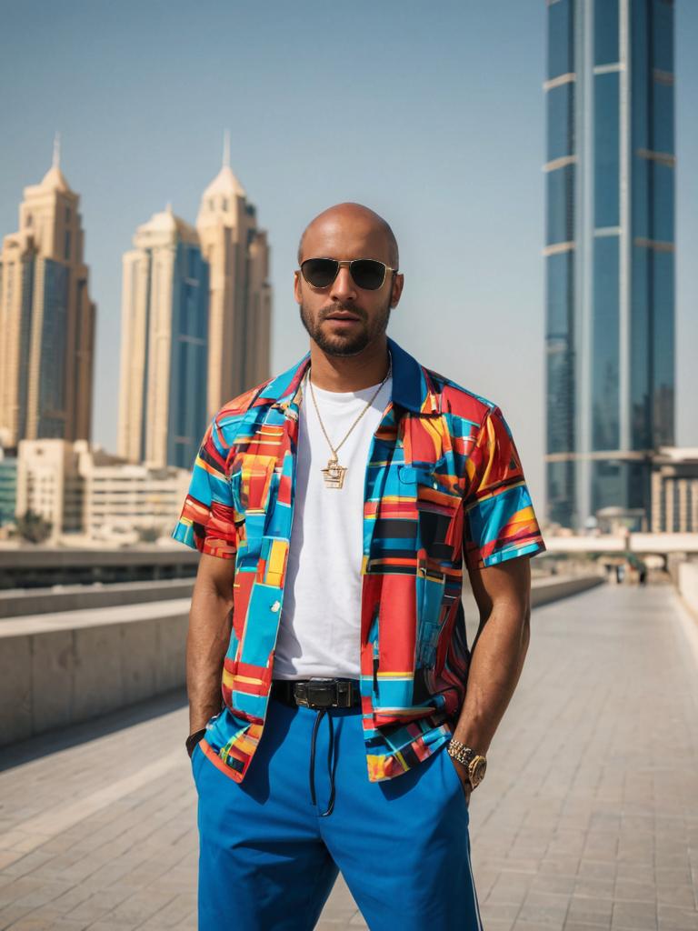 Stylish man in colorful shirt and blue pants in urban setting