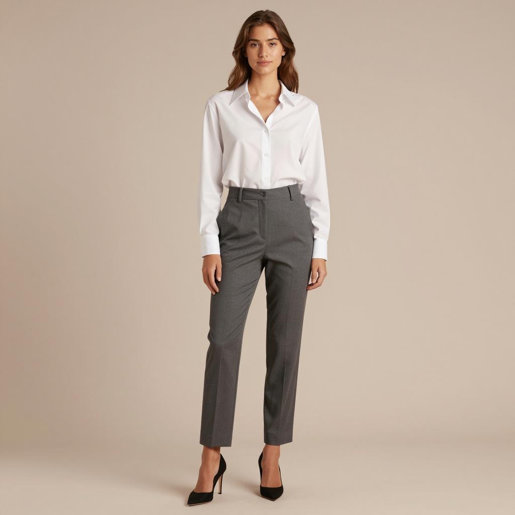 Woman in White Shirt and Grey Trousers Business Casual Outfit