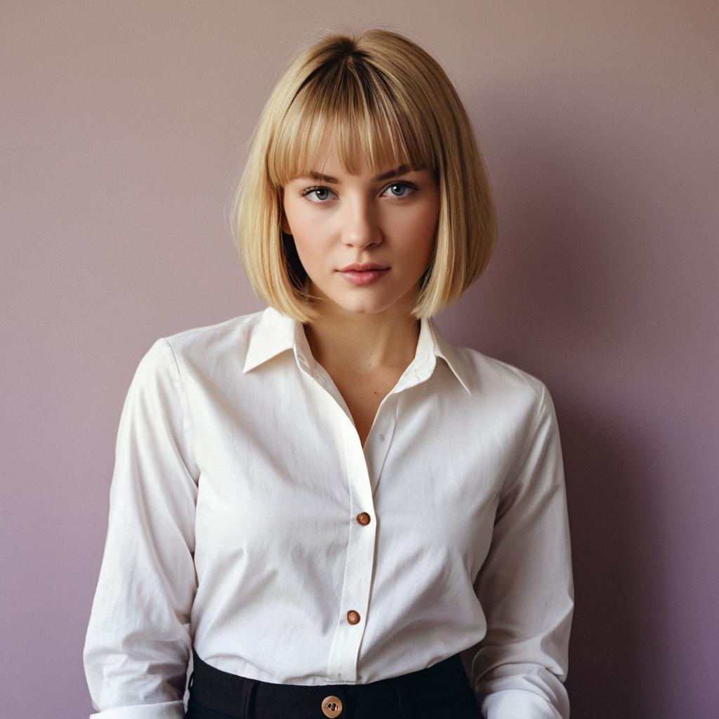Young Blonde Woman in White Shirt and Black Pants Against Mauve Background Young Blonde Woman in White Shirt and Black Pants Against Mauve Background