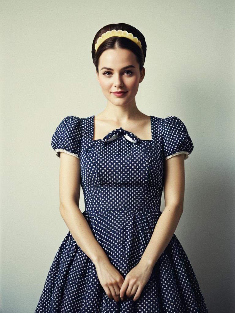 Vintage Style Woman in Navy Polka Dot Dress with Yellow Headband