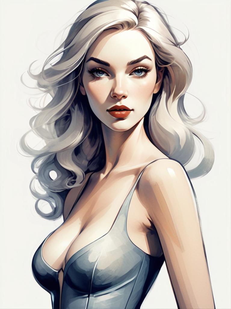 Digital Painting of Elegant Woman with Silver Hair in Semi-Realistic Style