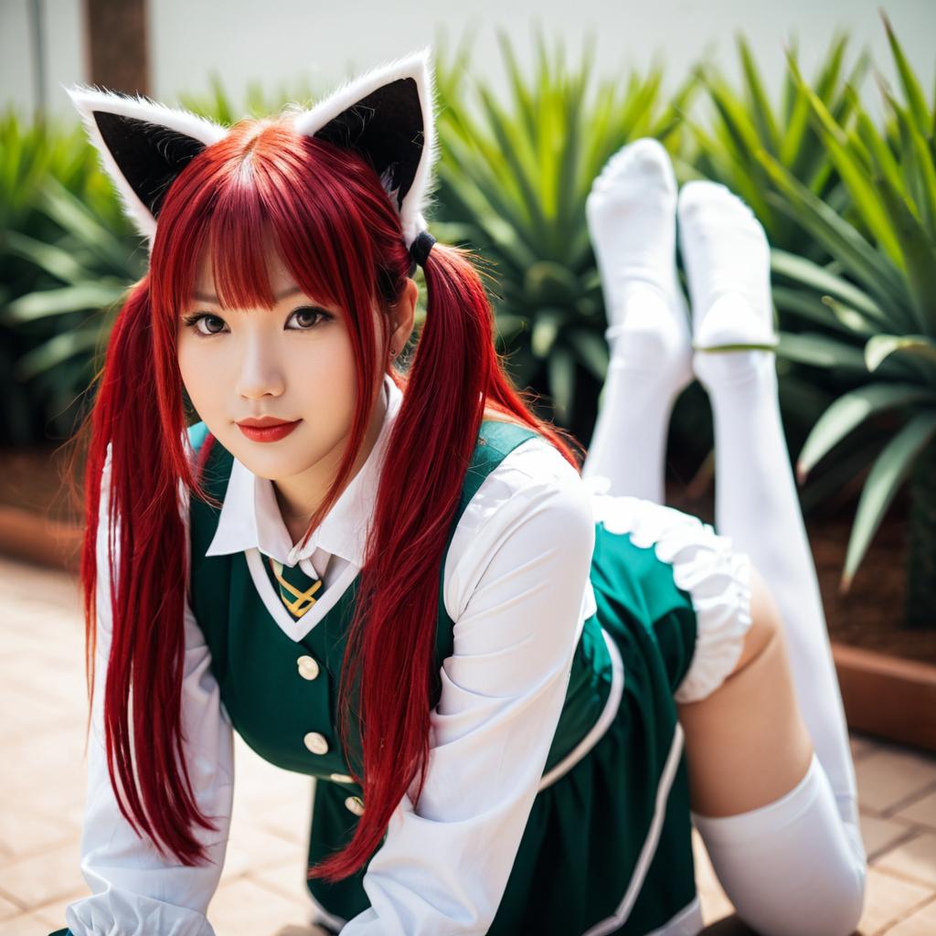Cosplay Woman with Cat Ears in Magic Academy School Uniform
