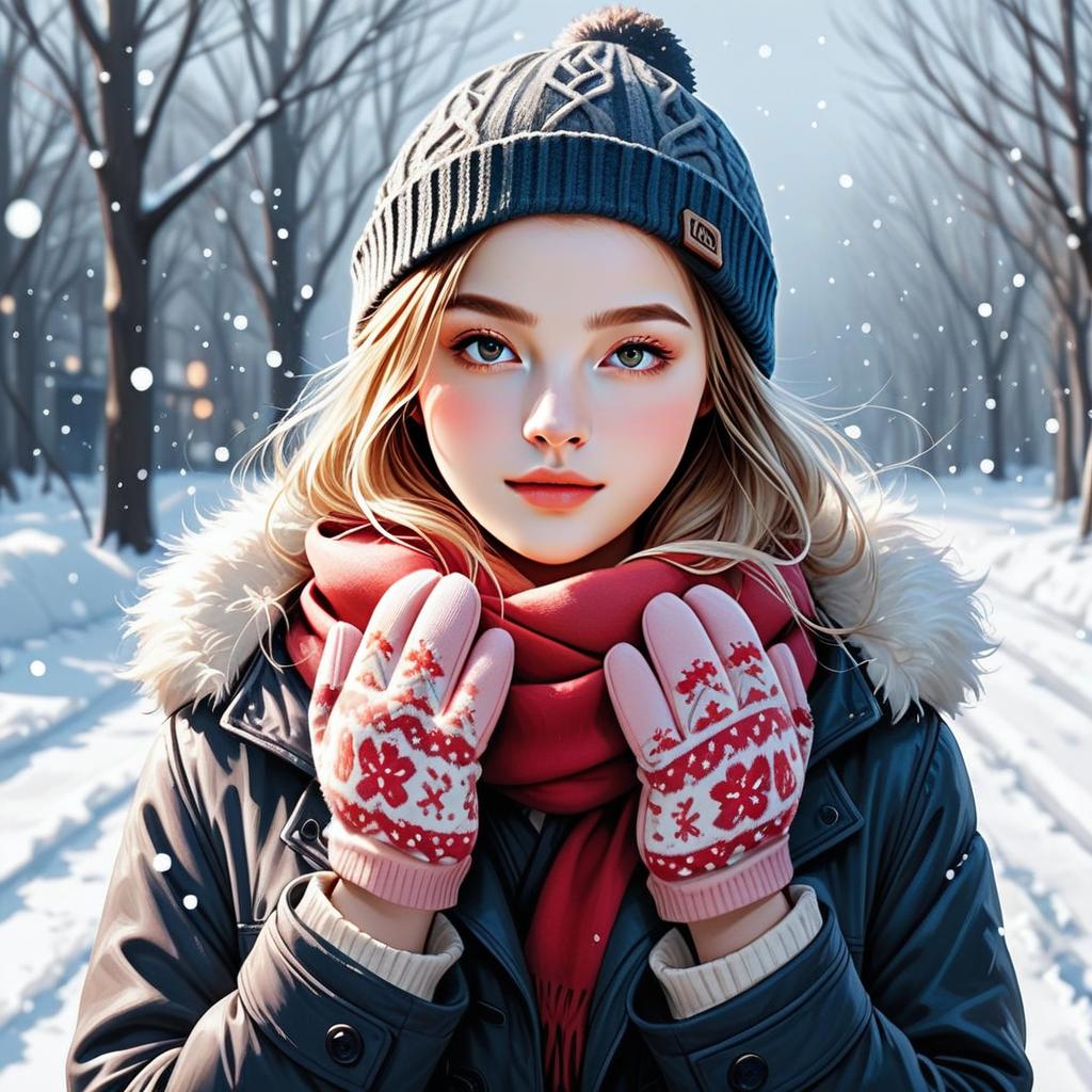 Winter Portrait of Woman in Knitted Hat and Scarf in Snowy Forest