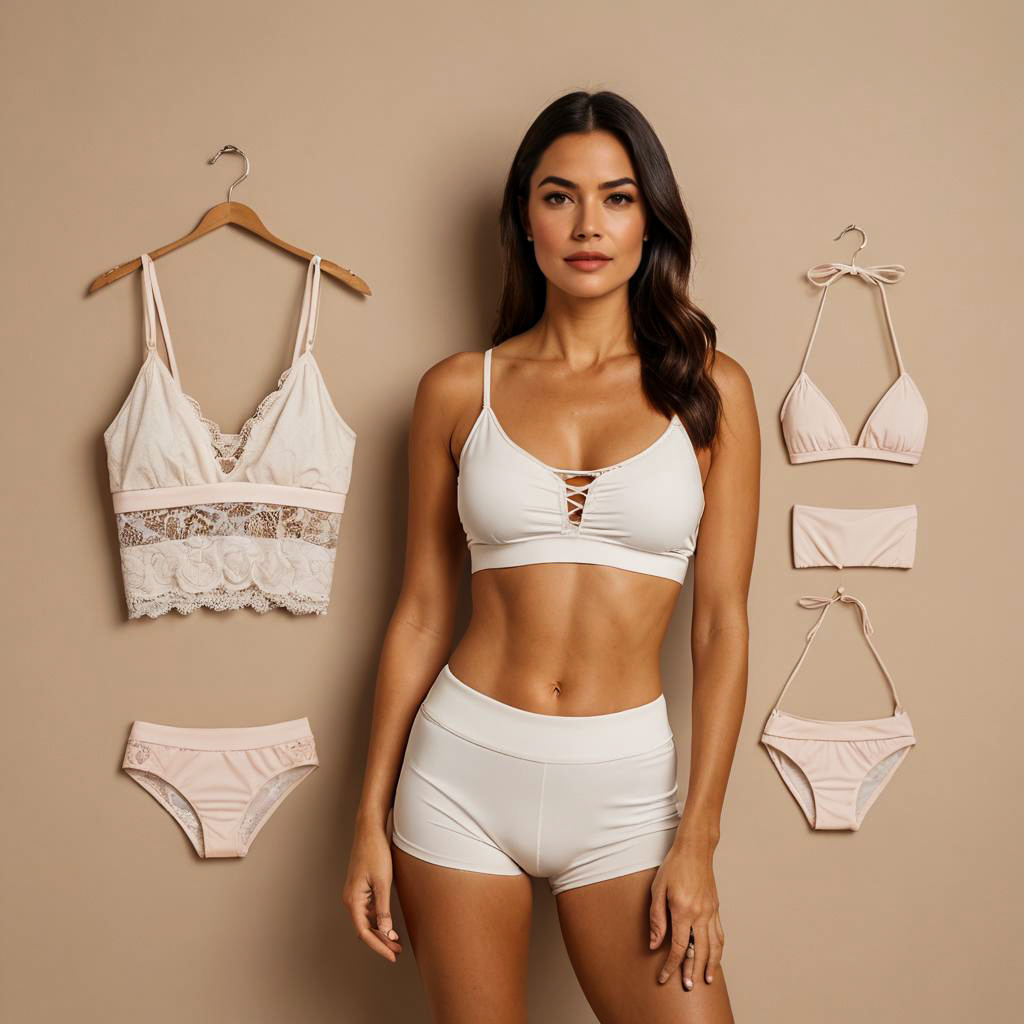 Woman Modeling White Lingerie Bralette and Shorts with Nude Lingerie Sets Displayed