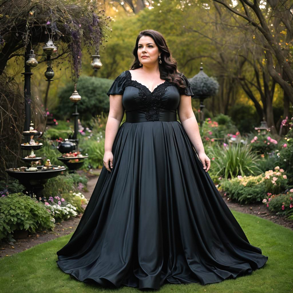 Elegant Woman in Black Gown in Lush Garden