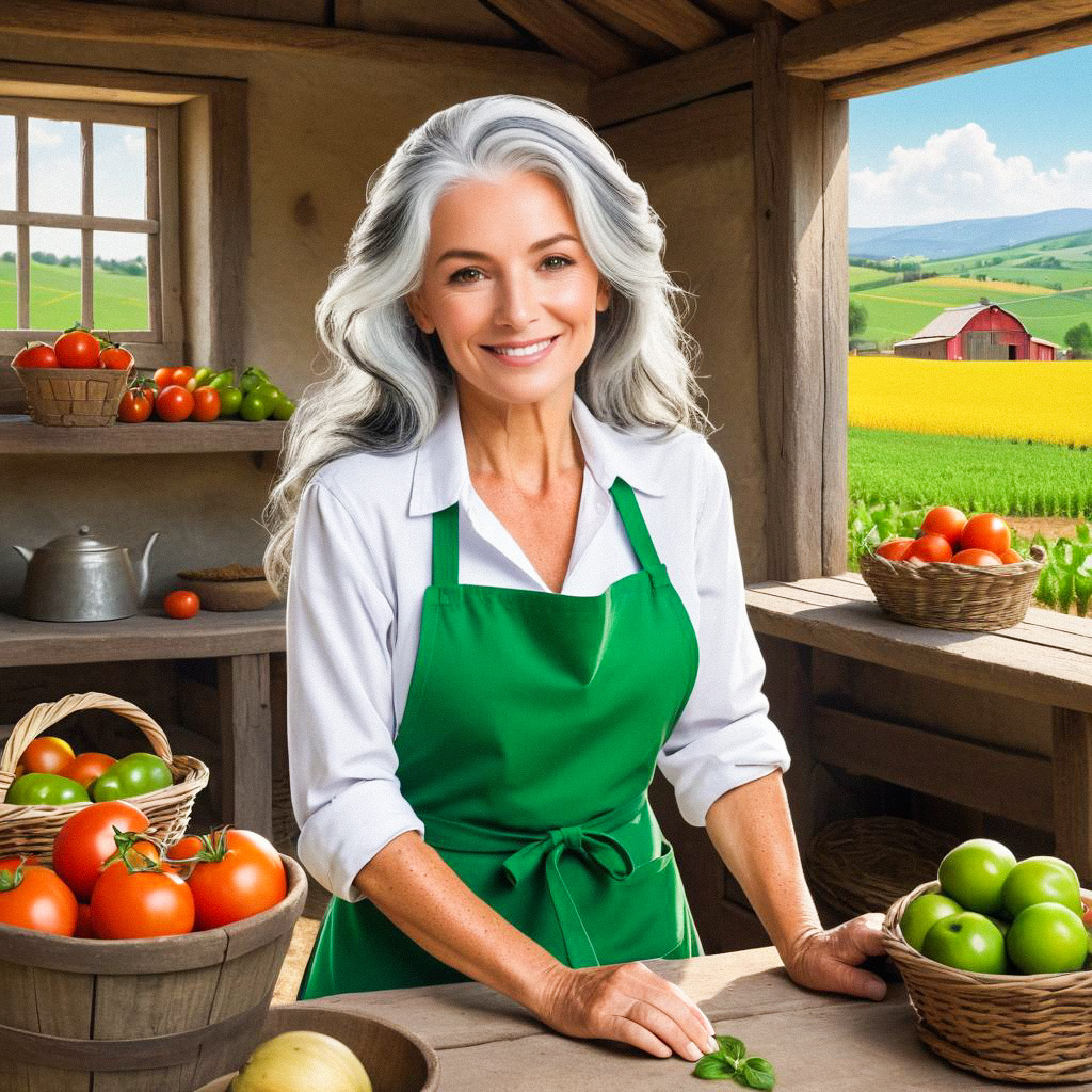 Smiling Woman in Green Apron at Rustic Farm Shop