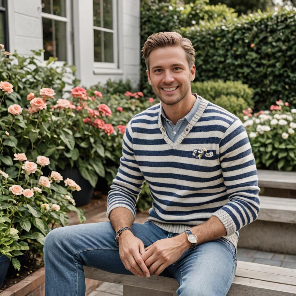 Smiling Man in Stylish Striped Sweater Outdoors