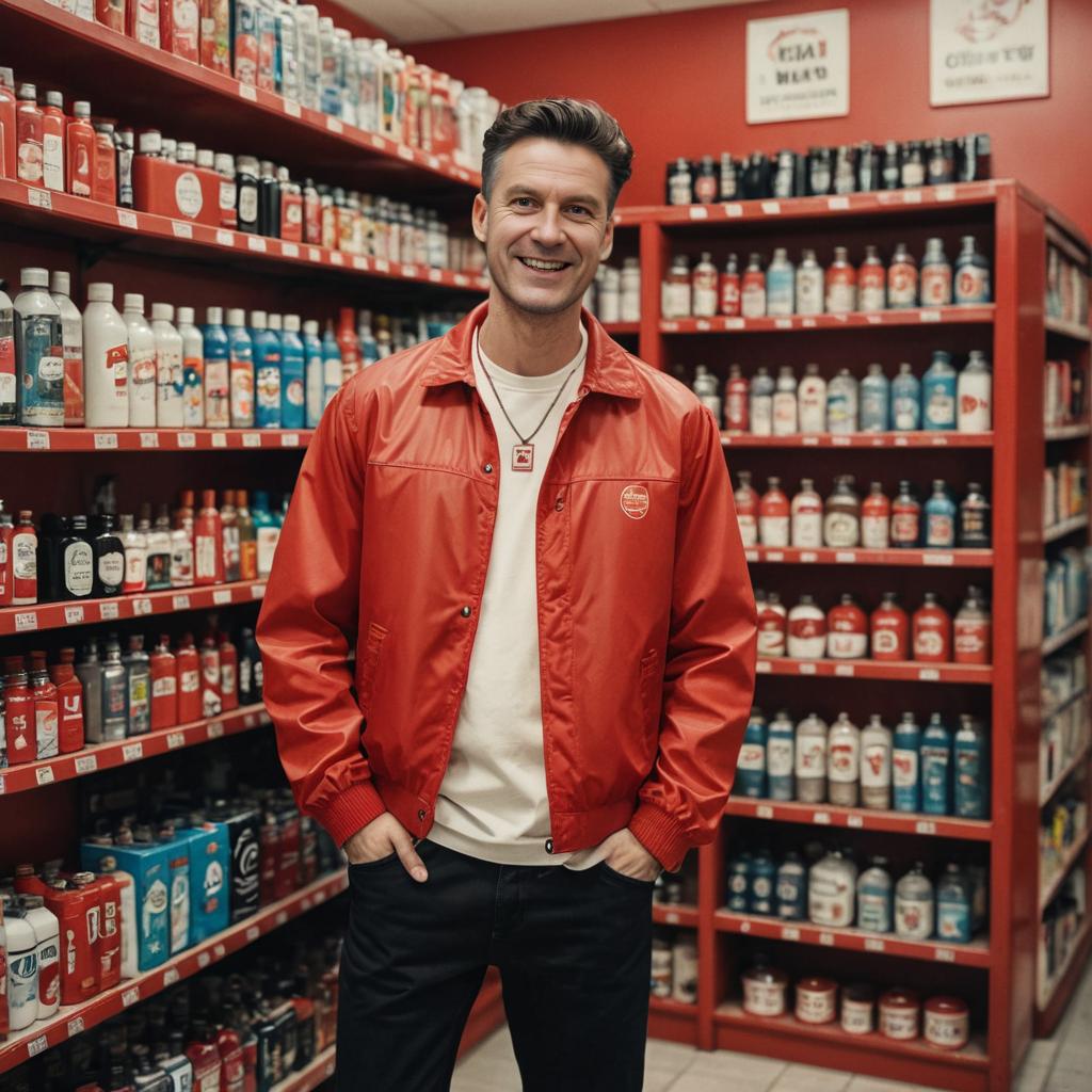 Man in Red Jacket in Trendy Liquor Store