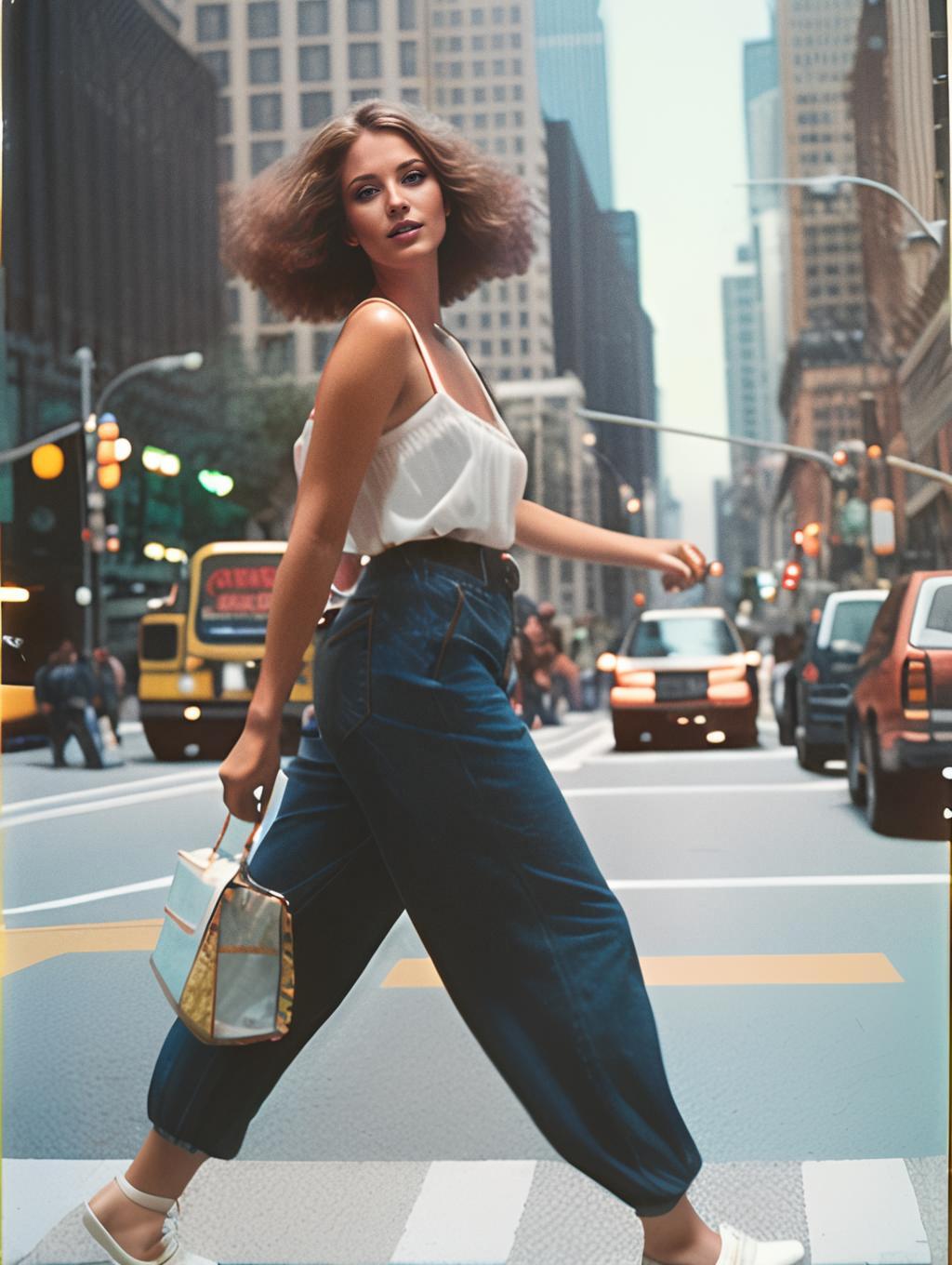Confident Woman Walking Across City Street with Stylish Outfit and Handbag