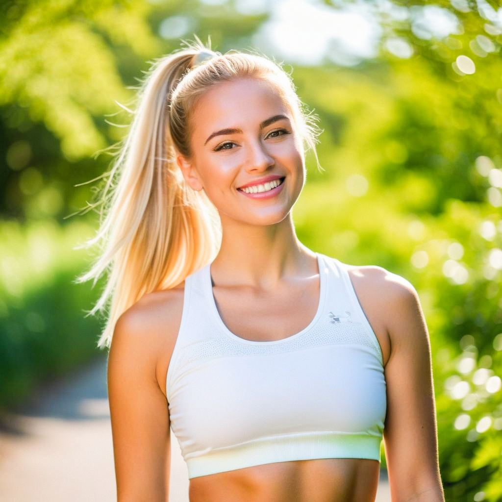 Young woman in sports bra outdoors with bright smile