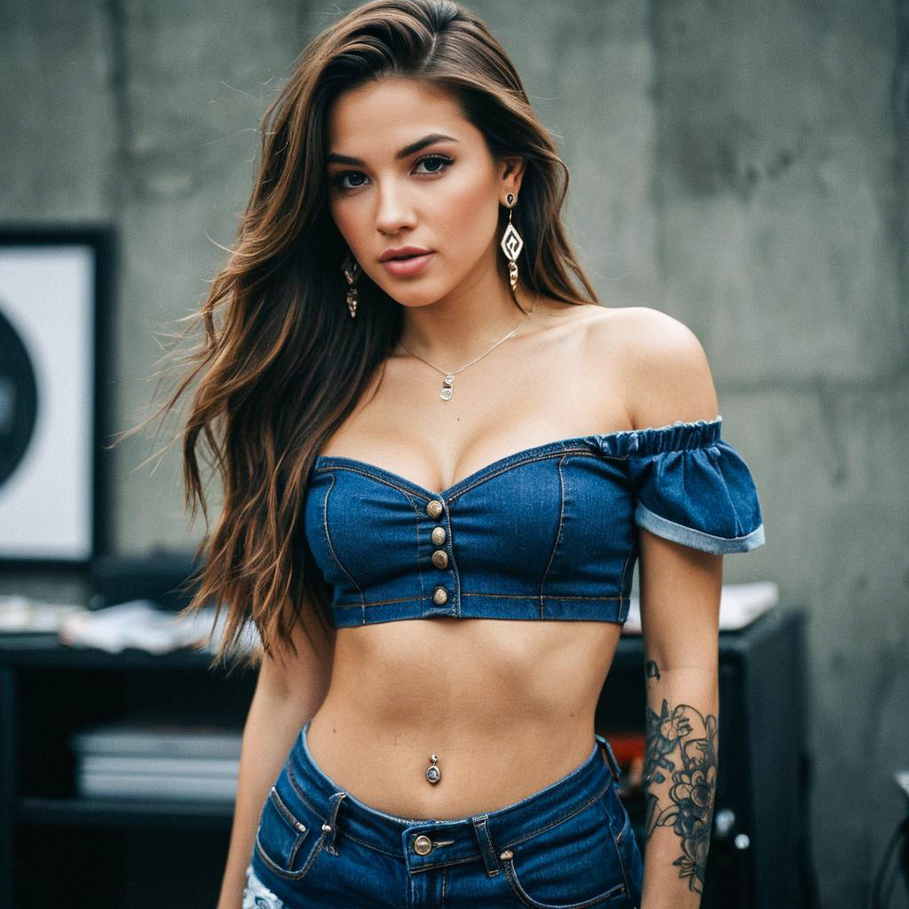 Confident Woman in Denim Crop Top and High-Waisted Jeans
