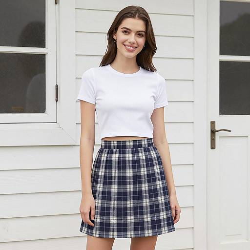 Young Woman Wearing White Crop Top and Blue Plaid Skirt in Gen Z Style