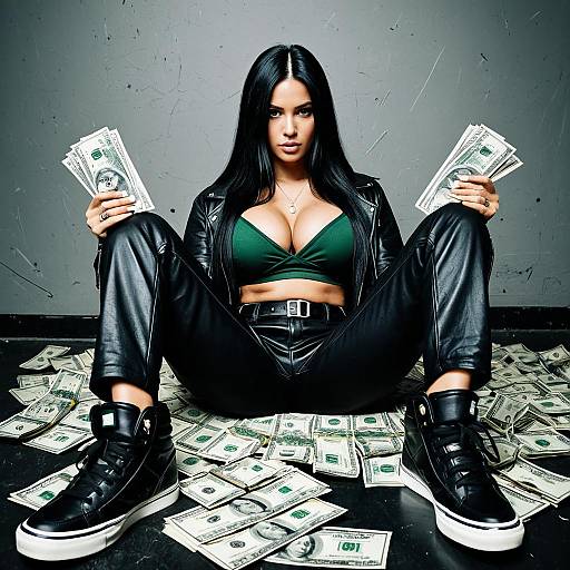 Confident Woman Sitting Among Cash Holding Stacks of US Dollars Wearing Leather Pants