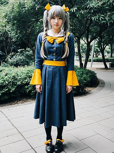 Young Woman in Navy Blue and Yellow Vintage-Inspired Dress with Silver Braided Hair