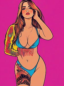 Confident Woman in Blue Bikini with Colorful Tattoos