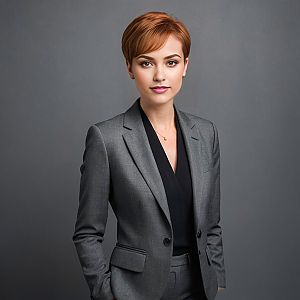 Confident Woman in Grey Suit
