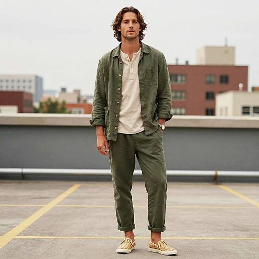 Casual Urban Outfit with Olive Green Linen Shirt and Pants for Men