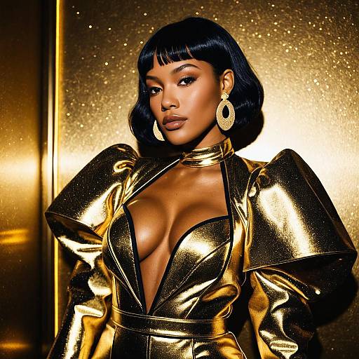 Glamorous Woman in Metallic Gold Fashion with Puffed Sleeves