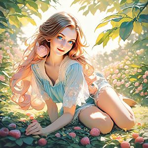 Young Woman in Blue Dress in Sunlit Garden