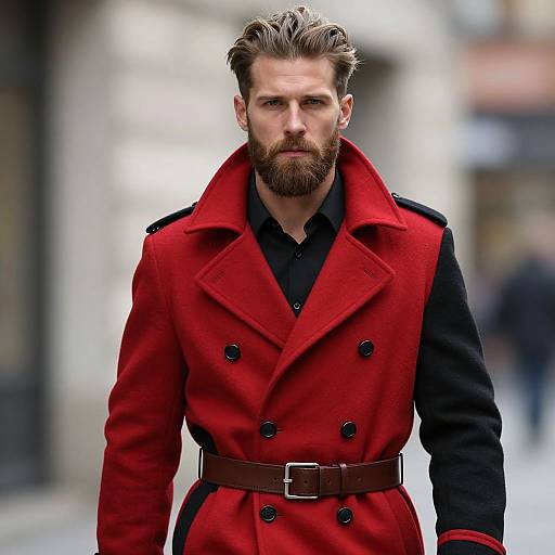 Man in Stylish Red and Black Double-Breasted Coat Walking Outdoors