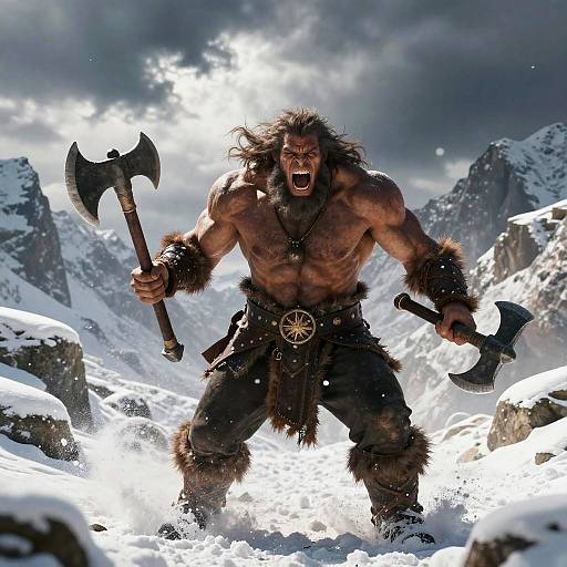 Fierce Barbarian Warrior in Snowy Mountains with Dual Battle Axes
