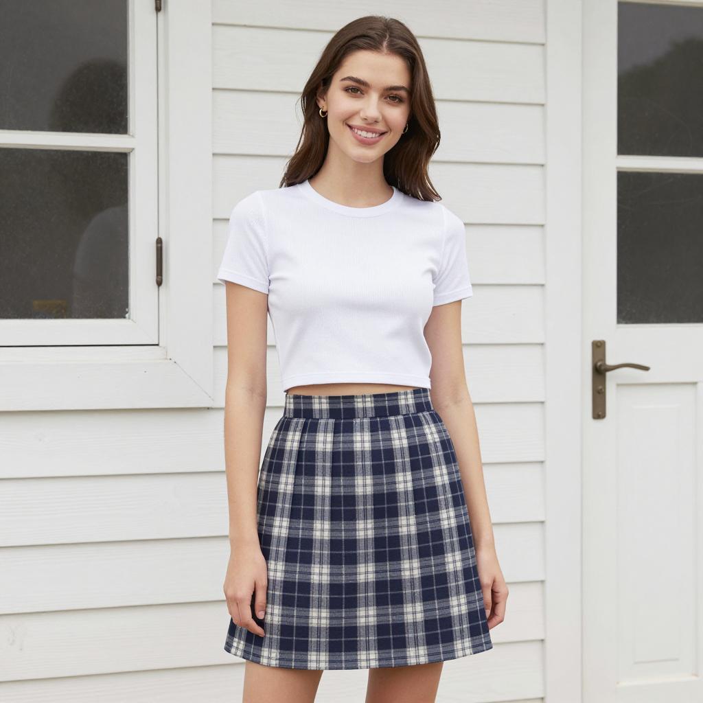 Young Woman Wearing White Crop Top and Blue Plaid Skirt in Gen Z Style