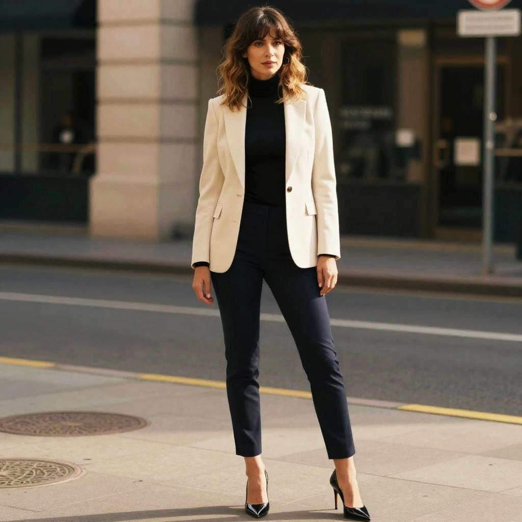 Confident Woman in Business Casual Outfit on City Sidewalk