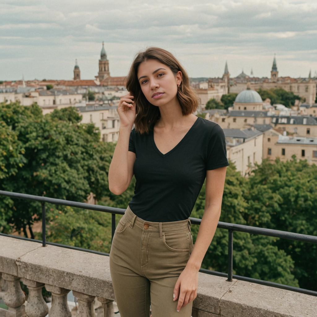 Confident Young Woman with Cityscape Background