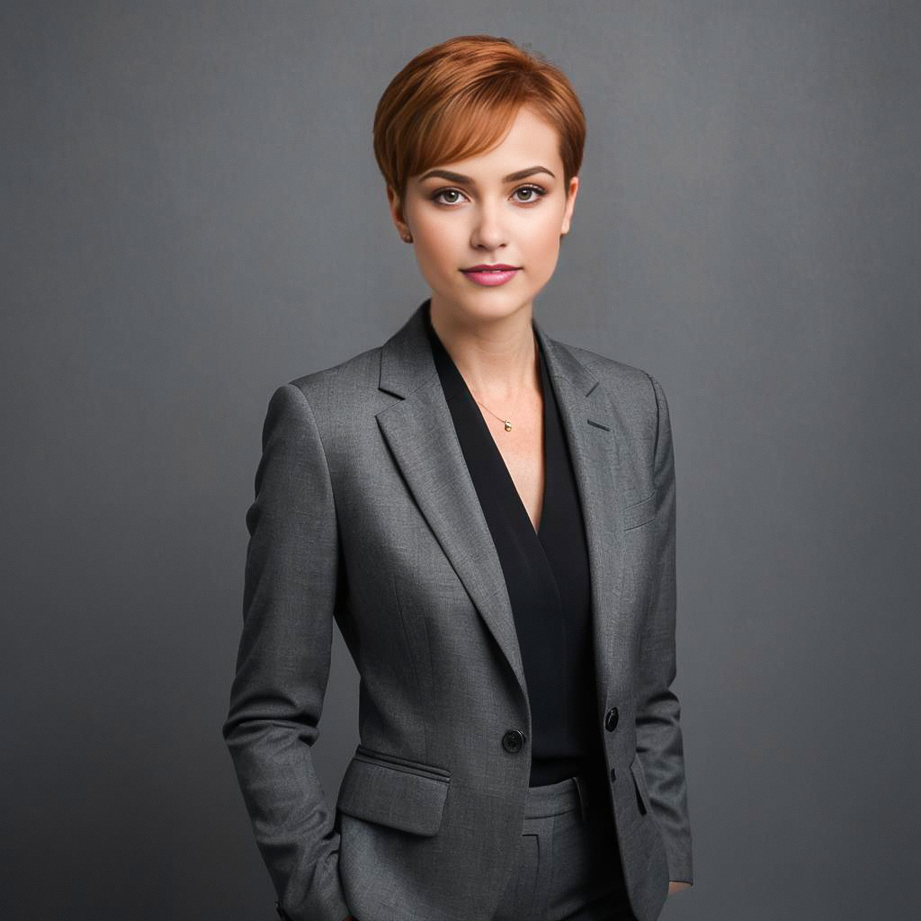 Confident Woman in Grey Suit Confident Woman in Grey Suit