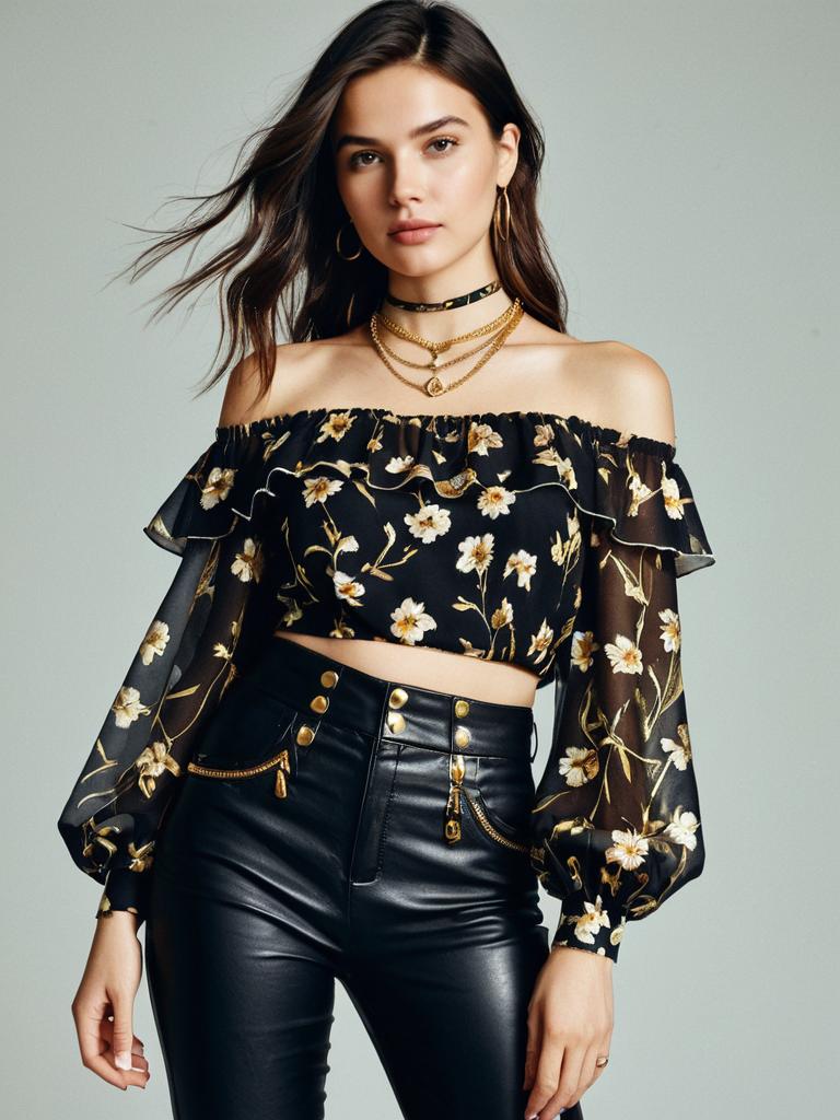 Chic Woman Wearing Black Floral Off-Shoulder Crop Top and High-Waisted Leather Pants