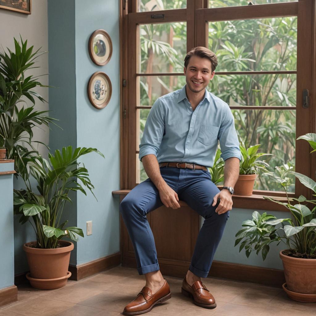 Smiling Man in Modern Decor with Plants