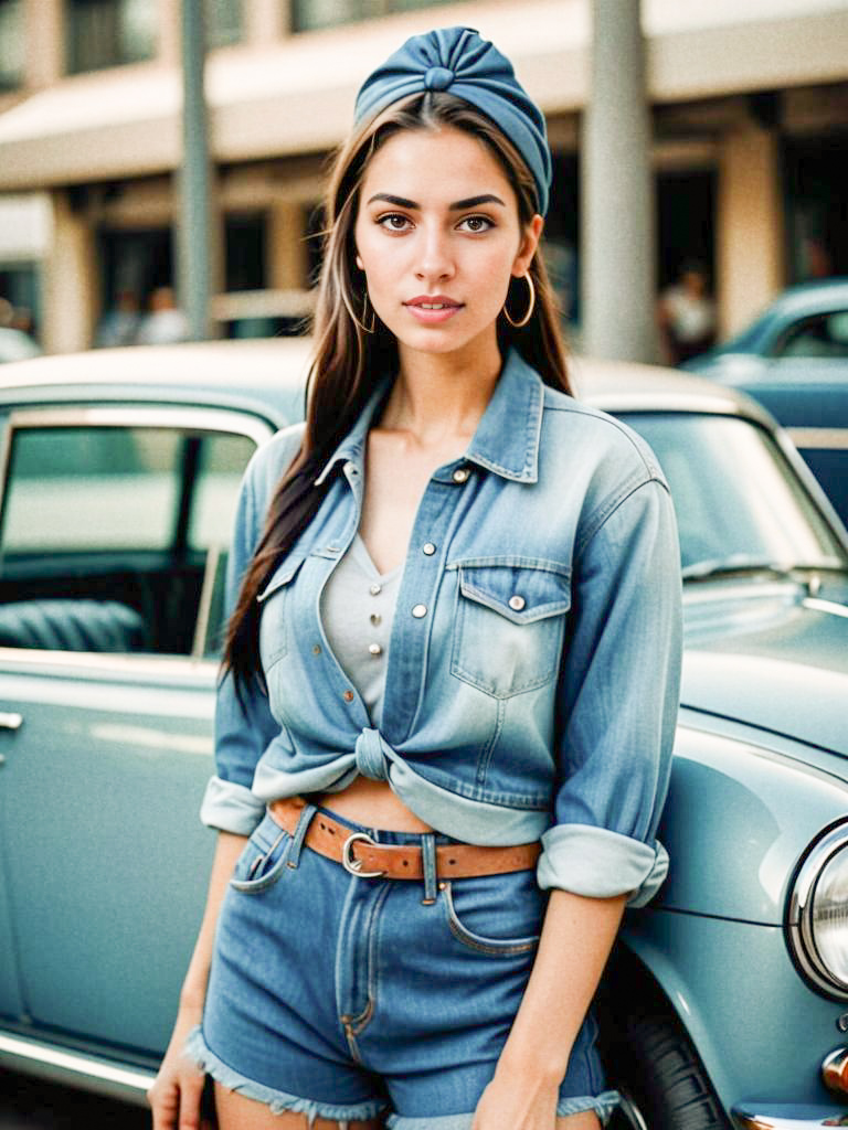 Stylish Woman by Vintage Car in Retro Fashion