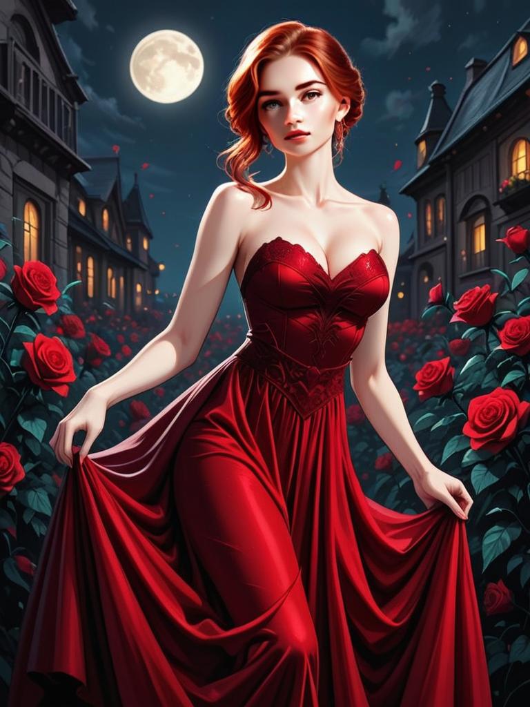 Elegant Woman in Red Dress with Rose Garden Under Full Moon Night Digital Illustration