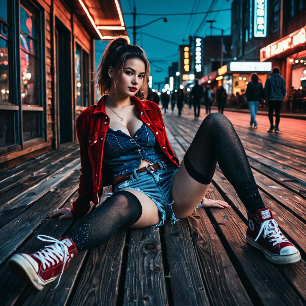 Stylish Young Woman Sitting on Urban Boardwalk at Dusk in Red Jacket
