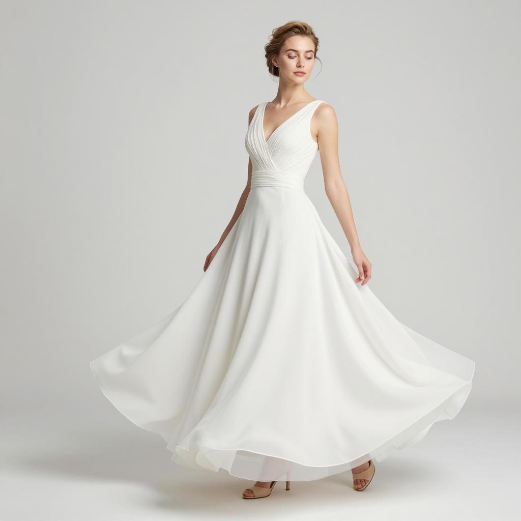 Elegant White Flowing Wedding Gown with V-Neck by Woman