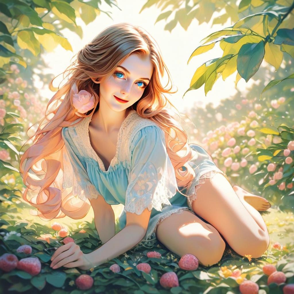 Young Woman in Blue Dress in Sunlit Garden Young Woman in Blue Dress in Sunlit Garden
