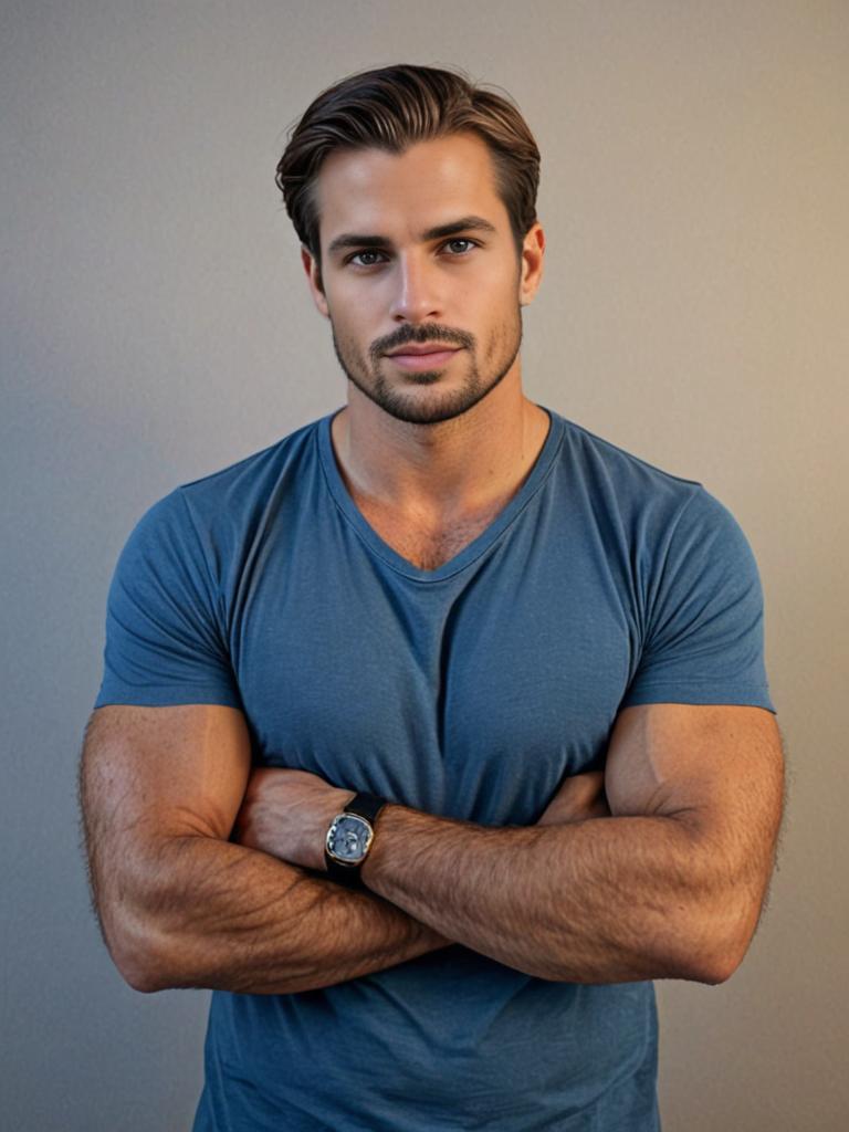 Casual Man in Teal V-Neck T-Shirt