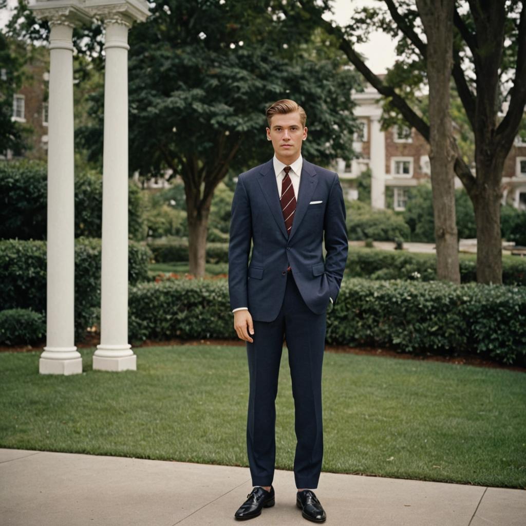 Confident Man in Blue Suit by Classical Building